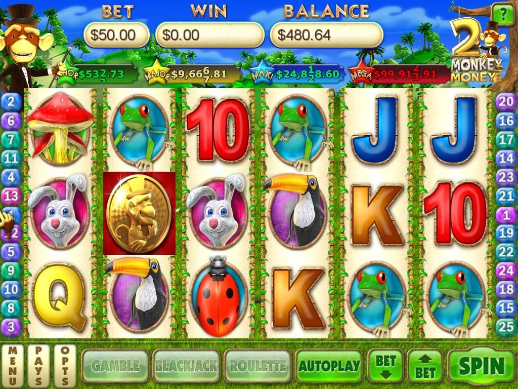 Monkey Money 2 (Windows) screenshot: A six reel game.