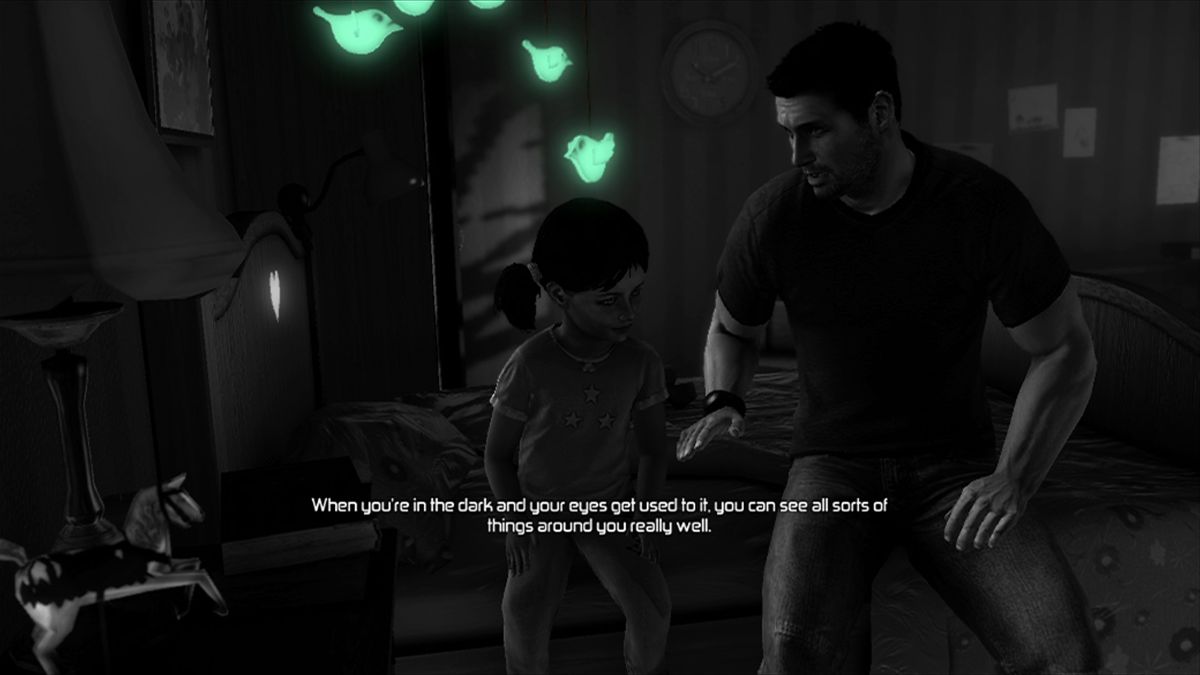 Tom Clancy's Splinter Cell: Conviction (Xbox 360) screenshot: Sam is teaching his kid from lifelong experience in stealth and espionage.