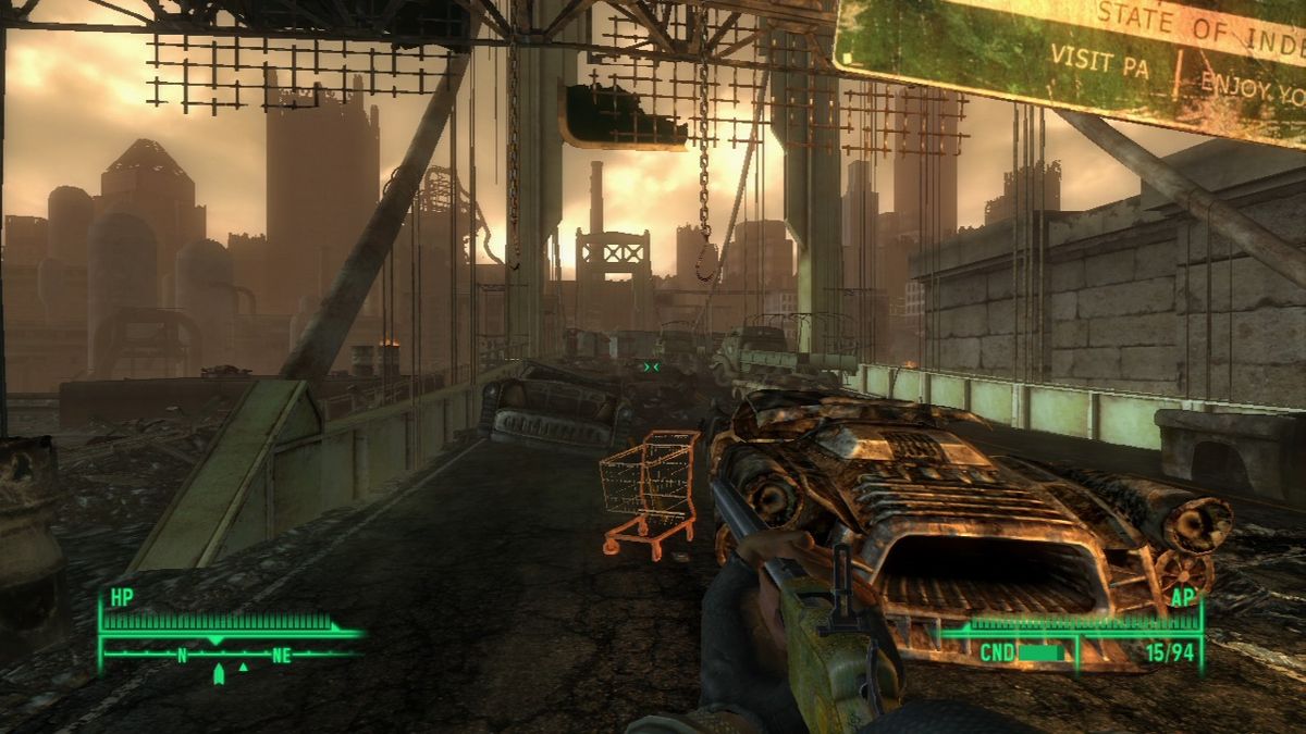 Fallout 3: The Pitt (PlayStation 3) screenshot: Beyond this bridge is The Pitt, but the bridge is booby-trapped so watch out for the mines.