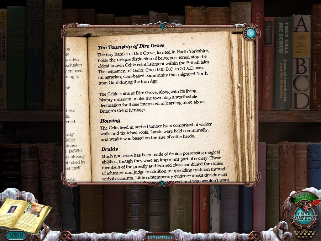 Mystery Case Files: Dire Grove (Macintosh) screenshot: 2nd Floor Library - reading from bookshelf