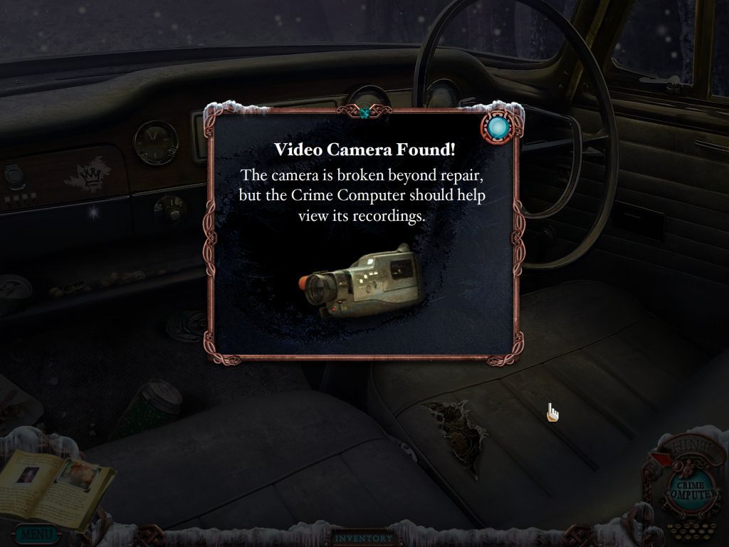 Mystery Case Files: Dire Grove (Macintosh) screenshot: Abandoned car inside - video camera