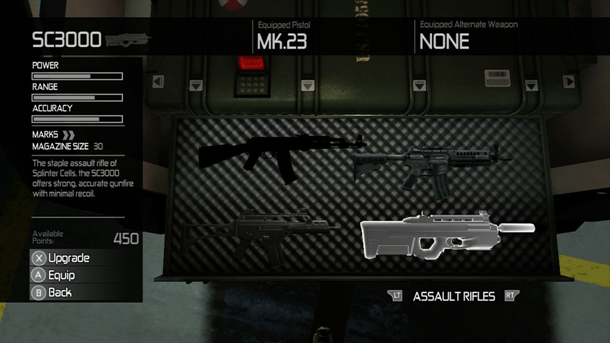 Tom Clancy's Splinter Cell: Conviction (Xbox 360) screenshot: You can upgrade each of your weapons if you have enough points.