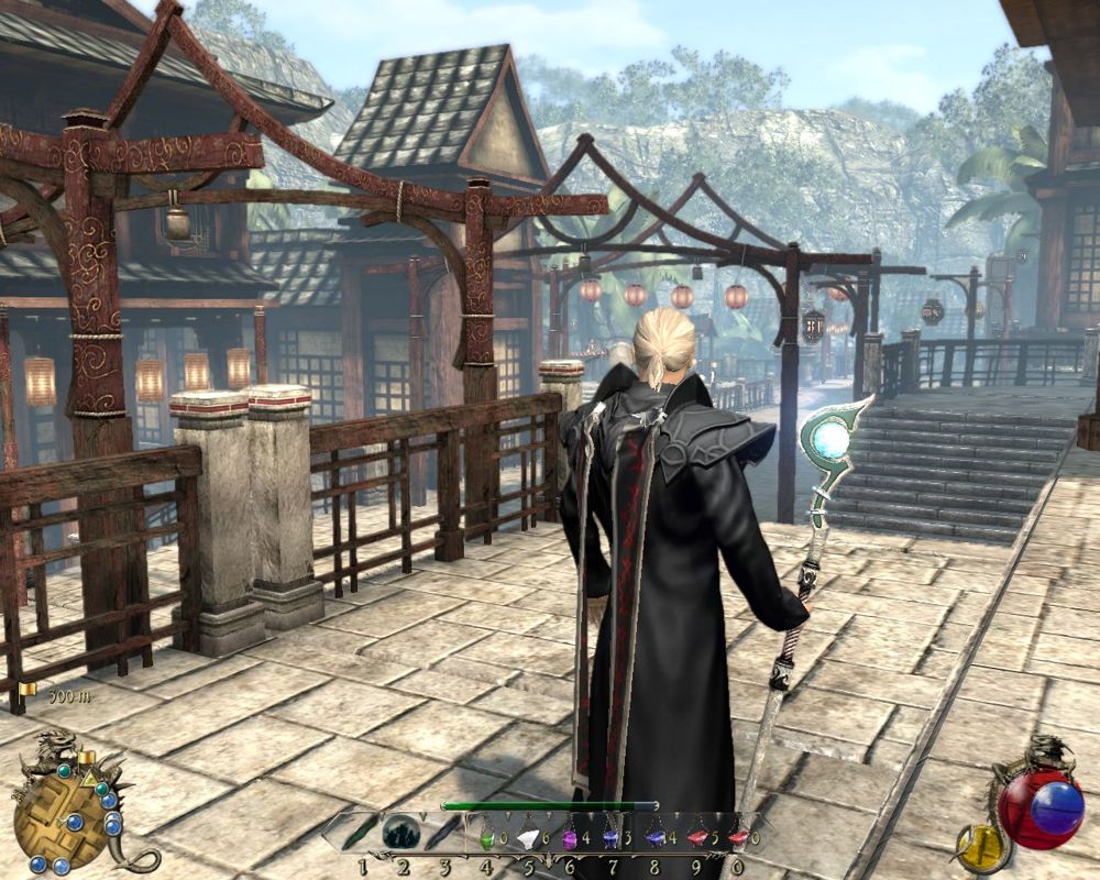 Two Worlds II (Windows) screenshot: The architecture and atmosphere of New Athos have a very distinctive Japanese influence.