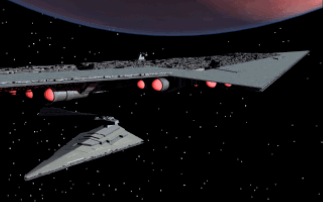 Star Wars: Rebel Assault II - The Hidden Empire (DOS) screenshot: Super Star-Destroyer entering orbit