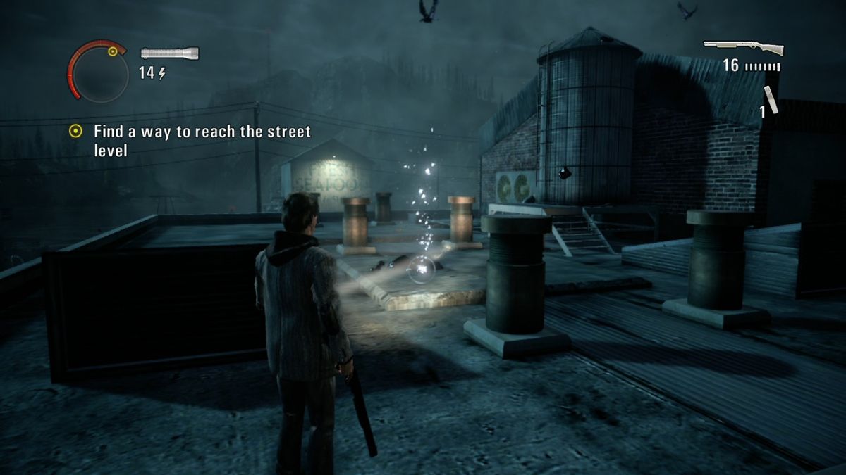 Alan Wake (Xbox 360) screenshot: Destroy dark goo with your flashlight so you can walk freely.