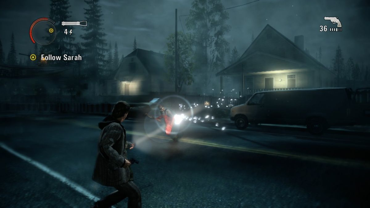 Alan Wake (Xbox 360) screenshot: You can run and hurt them by aiming flashlight at them just the same.