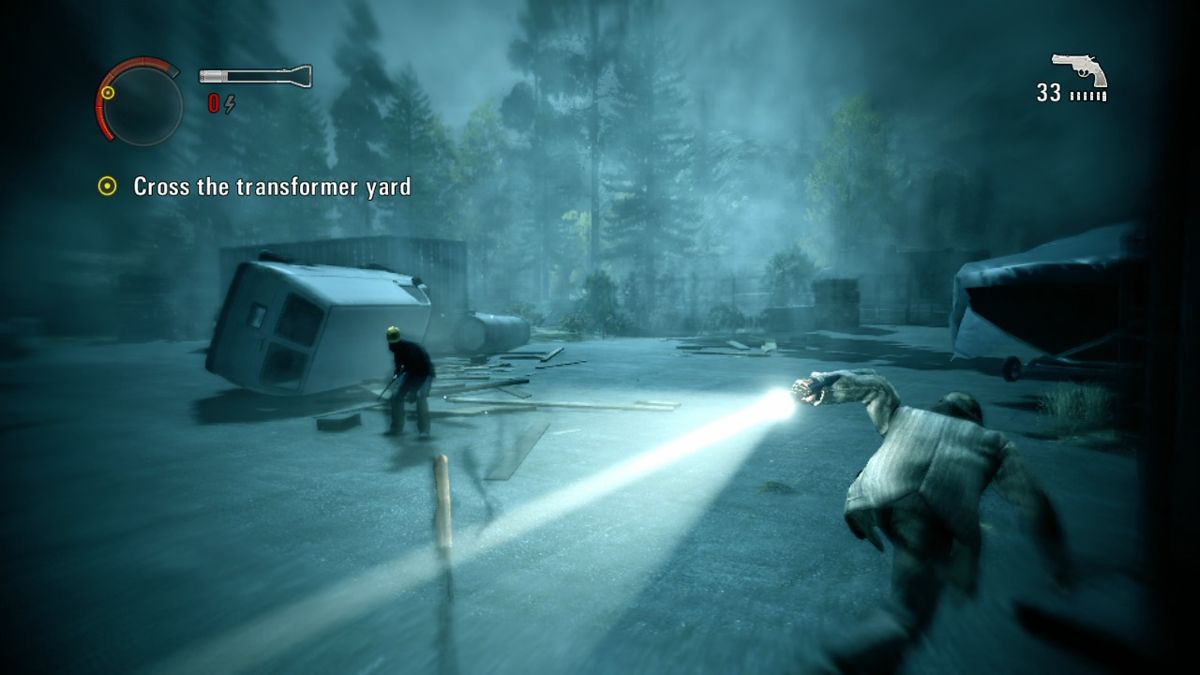 Alan Wake (Xbox 360) screenshot: Evade when enemy is swinging at you or throwing an axe at you because it only takes a few hits for you to die.