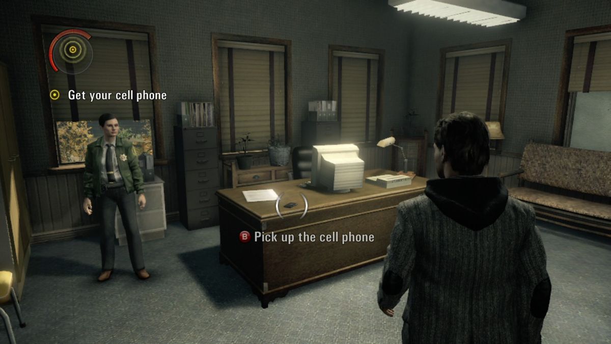 Alan Wake (Xbox 360) screenshot: In the sheriff's office, the sheriff has agreed to help you look for your wife.
