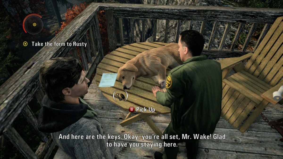 Alan Wake (Xbox 360) screenshot: Talking to Rusty, the park ranger, about the hotel room vacancy.
