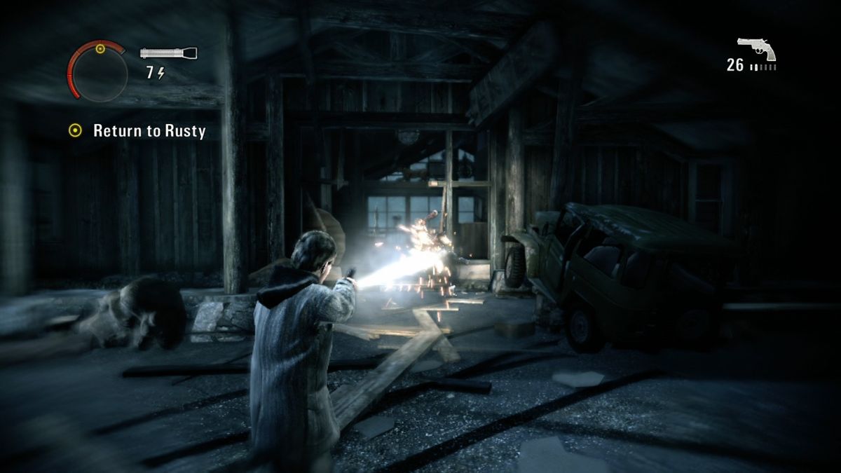 Alan Wake (Xbox 360) screenshot: After taking the last enemy on the screen, final move will go in slow-motion so you can know there's no more of them running around.