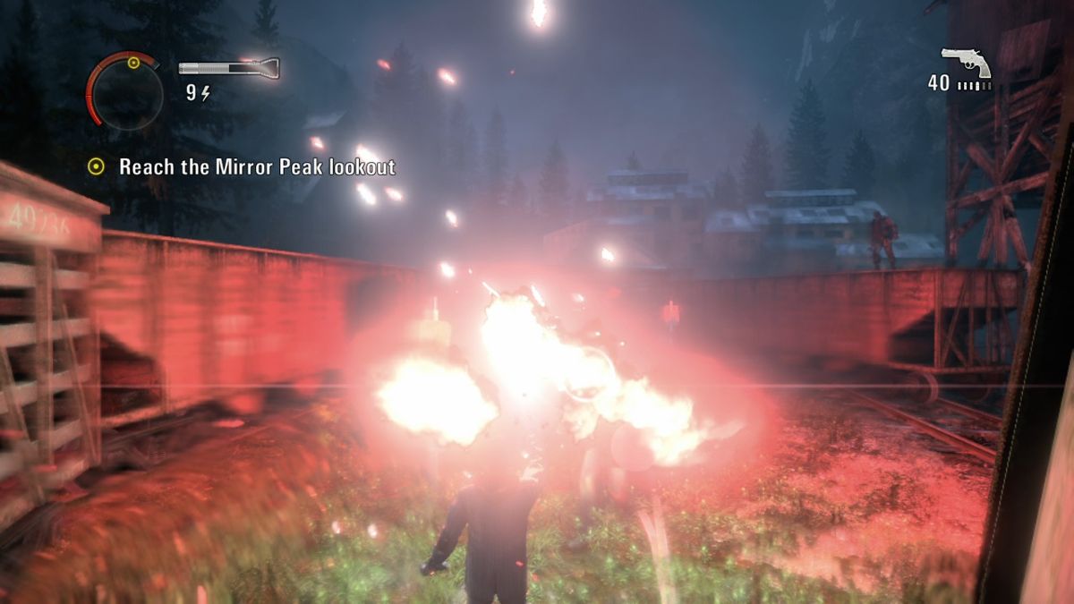 Alan Wake (Xbox 360) screenshot: Use flares to repel enemies and also hurt the shadow that's possessing them.