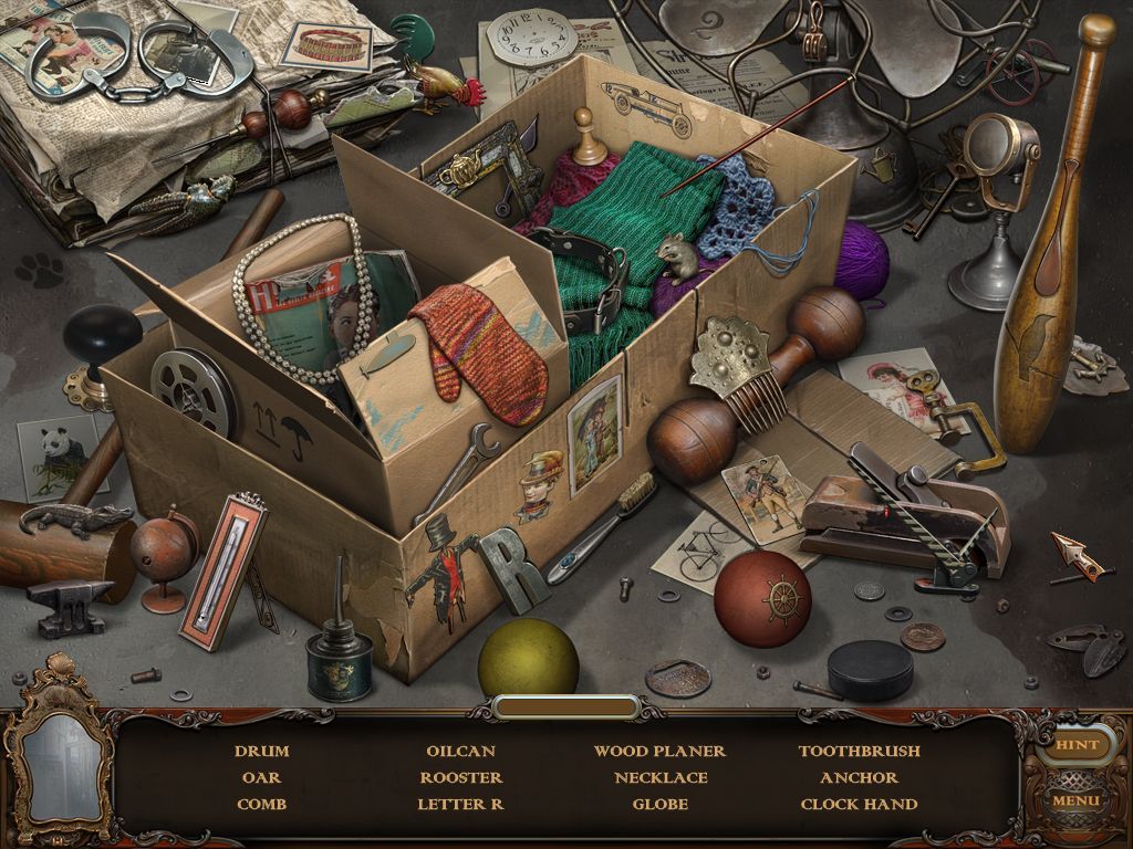Haunted Manor: Lord of Mirrors (Macintosh) screenshot: Basement cardboard box - objects