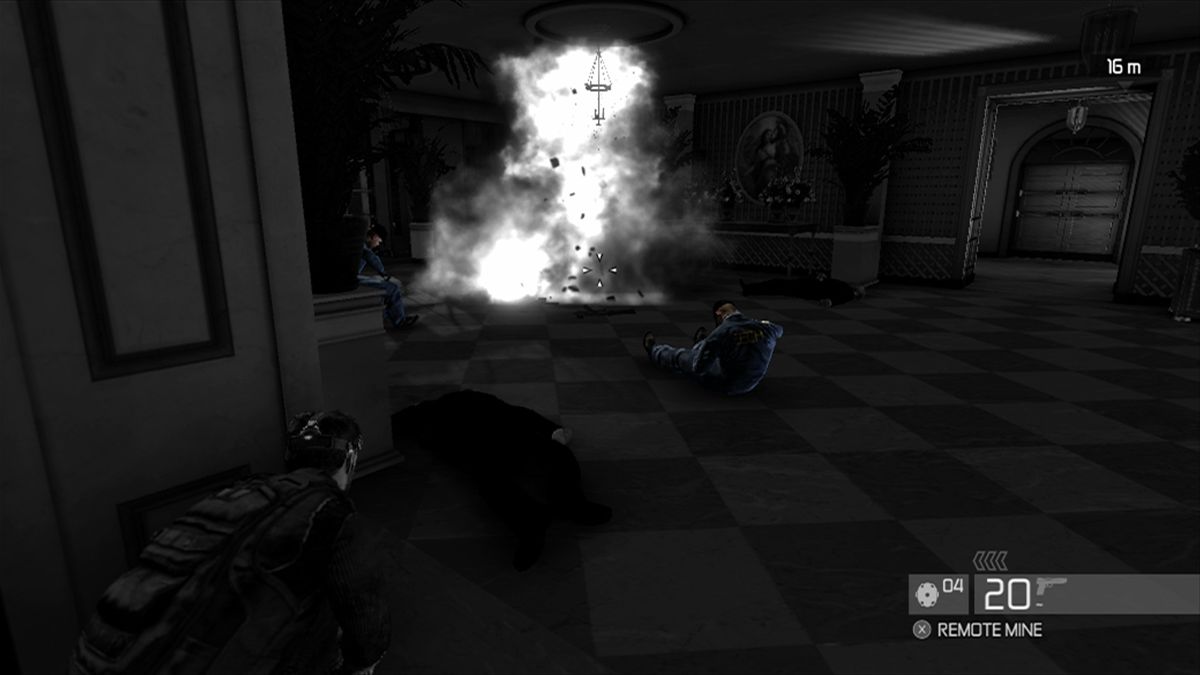 Tom Clancy's Splinter Cell: Conviction (Xbox 360) screenshot: Taking two guards with a remote mine.