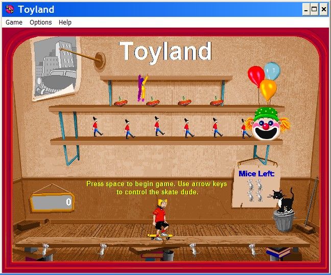 Klik & Play (Windows 3.x) screenshot: Game 10 : Toyland This game is similar to Breakout. The player uses the 'skateboard dude' to keep a ball in play until all the toys have been cleared from the shelves