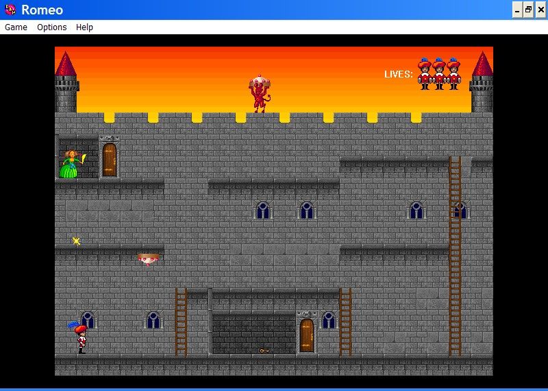 Klik & Play (Windows 3.x) screenshot: Game 7 : Romeo The game is all about climbing ladders, getting keys and trying to get to Juliette while avoiding pies thrown by the Pie devil.