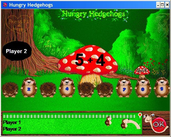 Klik & Play (Windows 3.x) screenshot: Game 2 - Hungry Hedgehogs The end of the game. The numbered hedgehogs smile and bounce up & down while player 2 gets to eat the worm