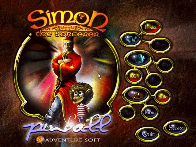 Simon the Sorcerer's Pinball (Windows) screenshot: The game's configuration menu and start screen