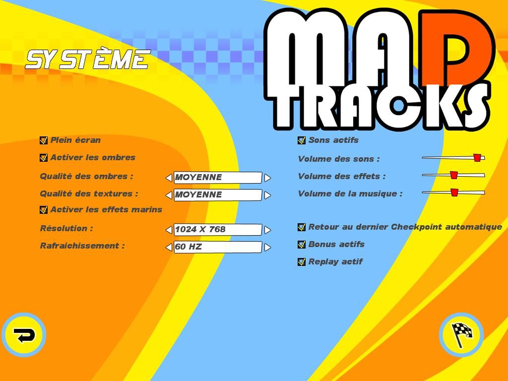 Mad Tracks (Windows) screenshot: This is the options screen, mainly useful to change screen resolution (French)