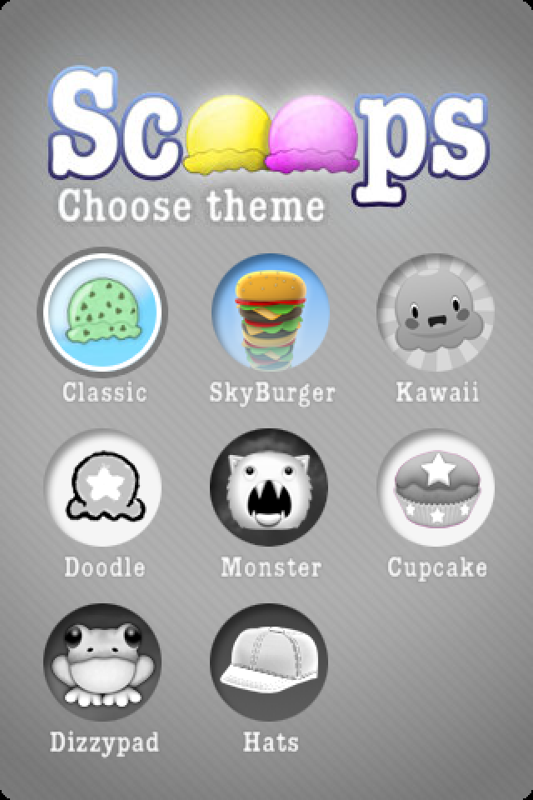 Scoops (iPhone) screenshot: Choose your theme (or buy some new ones!)