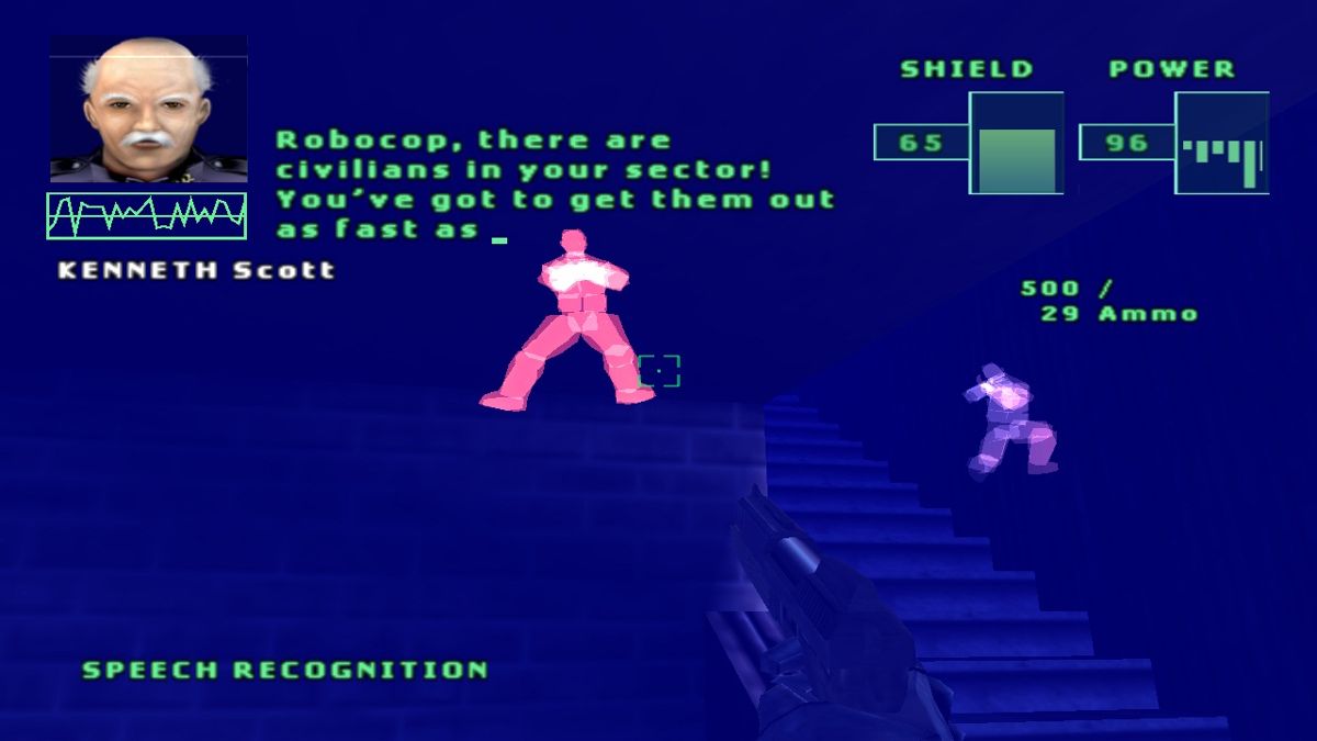 RoboCop (Windows) screenshot: Use thermal vision to spot bad guys through walls.