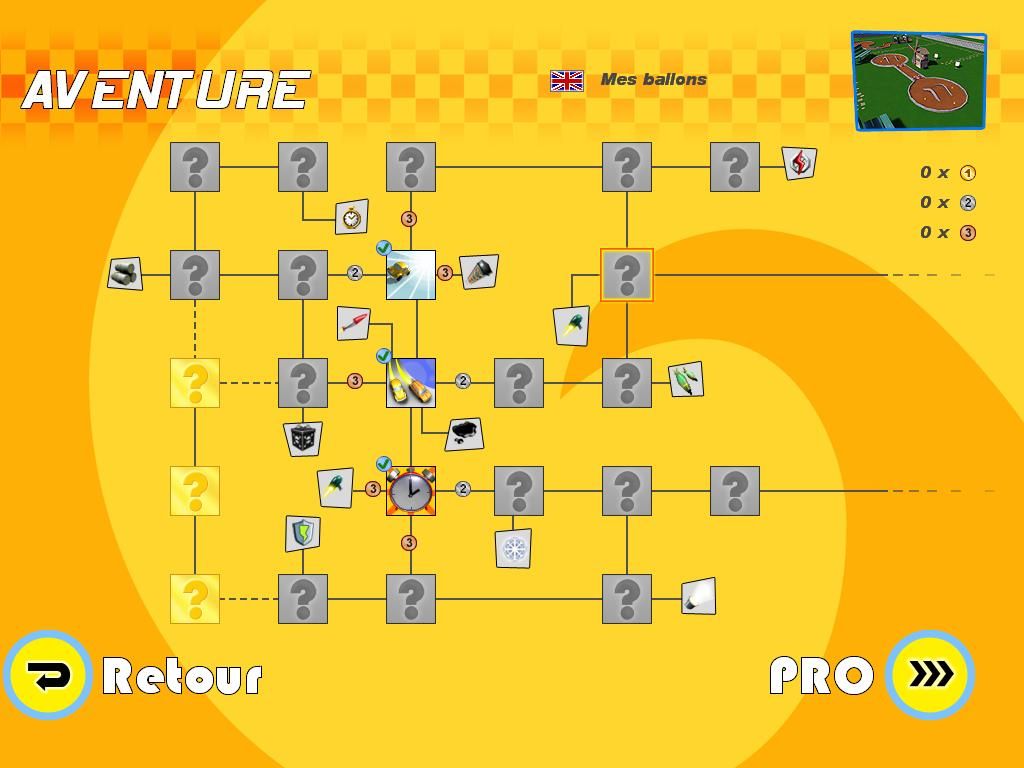 Mad Tracks (Windows) screenshot: Have a look at all the stages of the adventure mode (French)