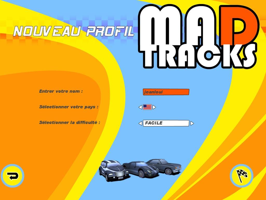Mad Tracks (Windows) screenshot: First register, and notice your name cannot have more than eight letters (French)