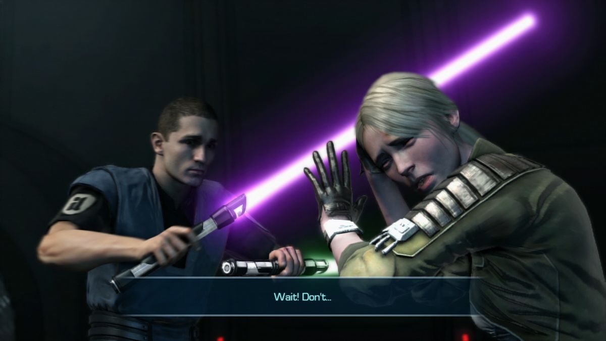 Star Wars: The Force Unleashed II (PlayStation 3) screenshot: Even in the fake trial, you cannot strike down Juno Eclipse, which makes you expendable to Darth Vader.