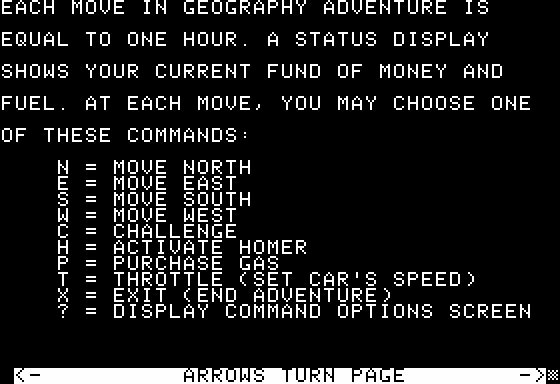 Geography Adventure: USA (Apple II) screenshot: Commands