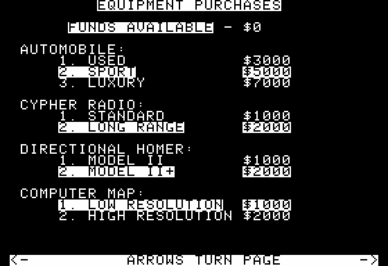 Geography Adventure: USA (Apple II) screenshot: My Vehicle Setup