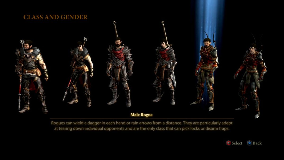 Dragon Age II (PlayStation 3) screenshot: Select your class and gender for the story protagonist.