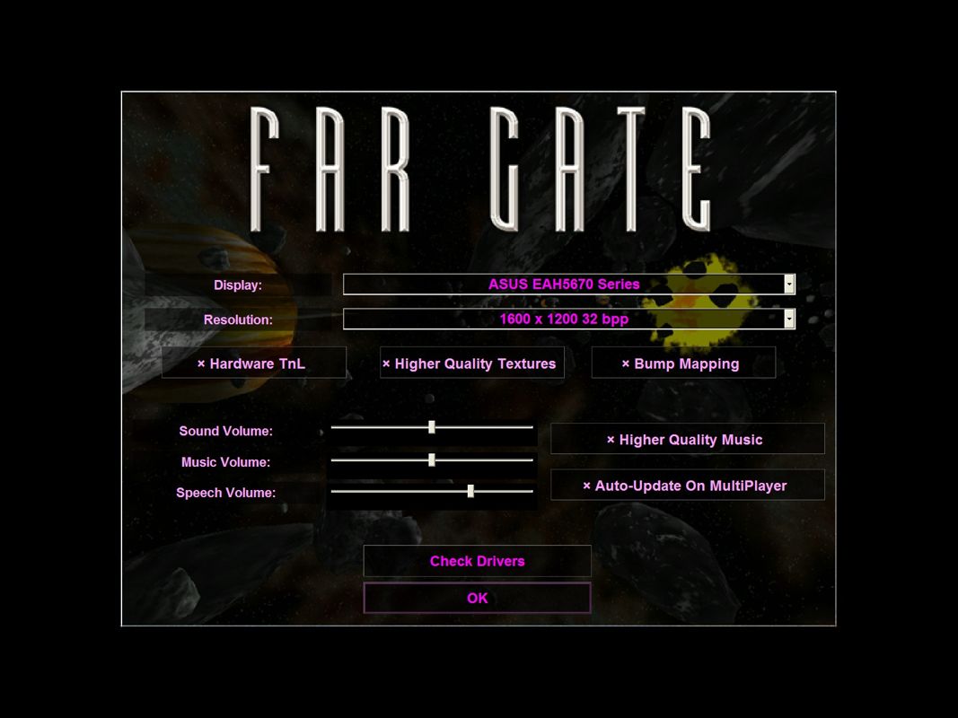 Far Gate (Windows) screenshot: English version: The game's control menu. It goes to a decent resolution
