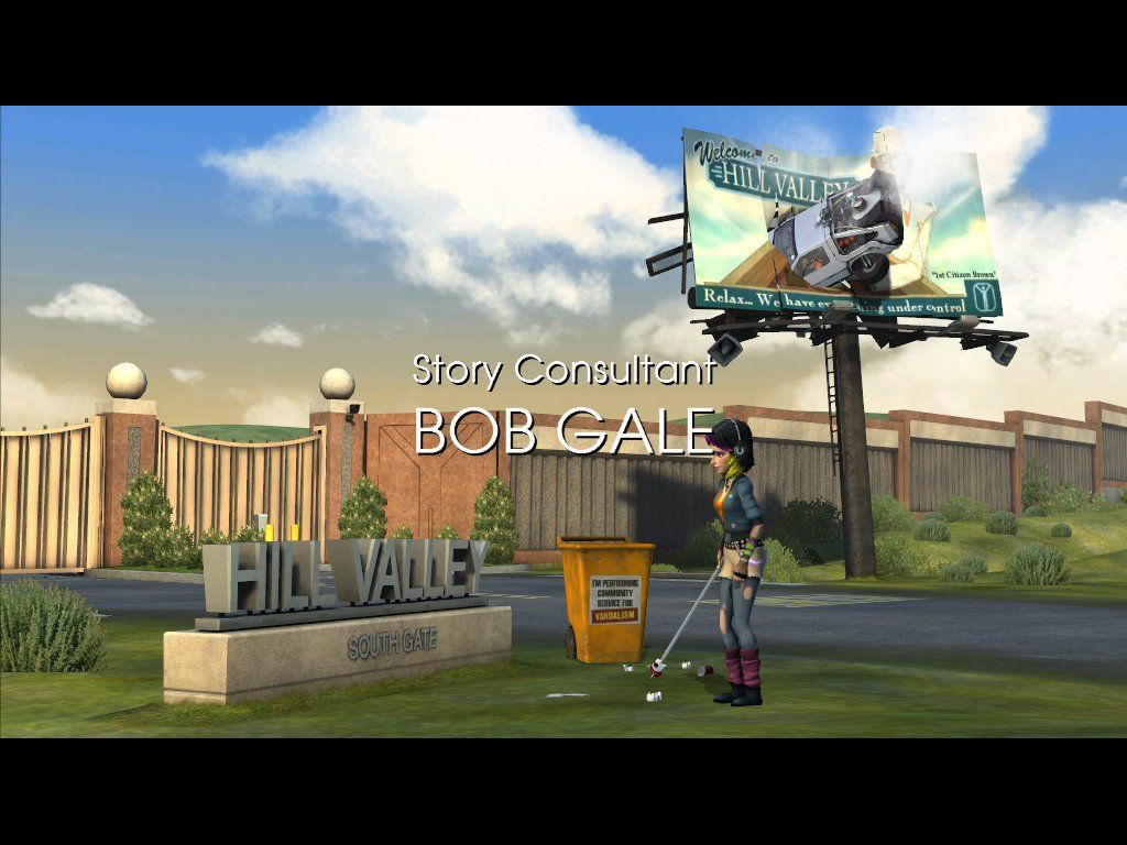 Back to the Future: The Game (Windows) screenshot: The time-machine crashed into a billboard. The punk girl in front didn't even notice. (Episode 3)