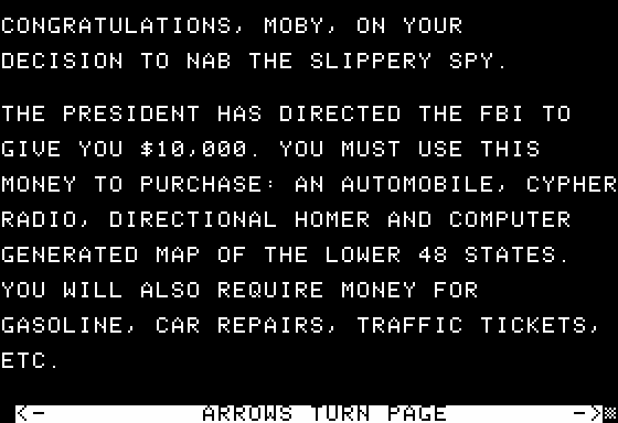 Geography Adventure: USA (Apple II) screenshot: Thanks for the $10,000