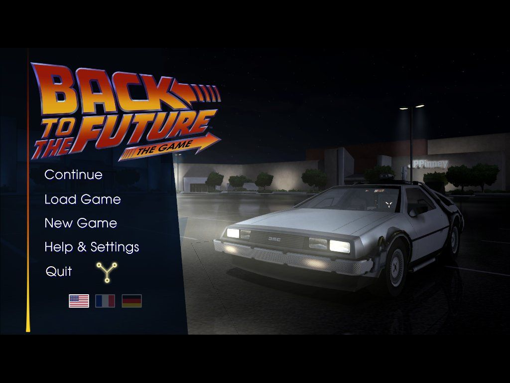 Back to the Future: The Game (Windows) screenshot: Main menu displaying the DeLorean at the PPinney Mall (Episode 3)