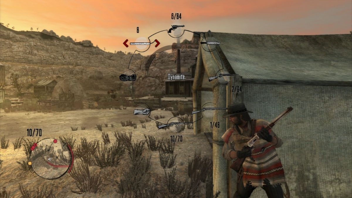 Red Dead Redemption (PlayStation 3) screenshot: Use covers in combat and switch to more appropriate weapon.