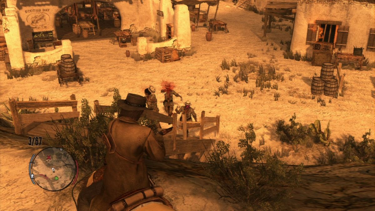 Red Dead Redemption (PlayStation 3) screenshot: During quick-draw aiming you can mark multiple targets and let the end sequence do the rest for you, plus you can also use rifles as well, but they won't be as fast as revolvers.