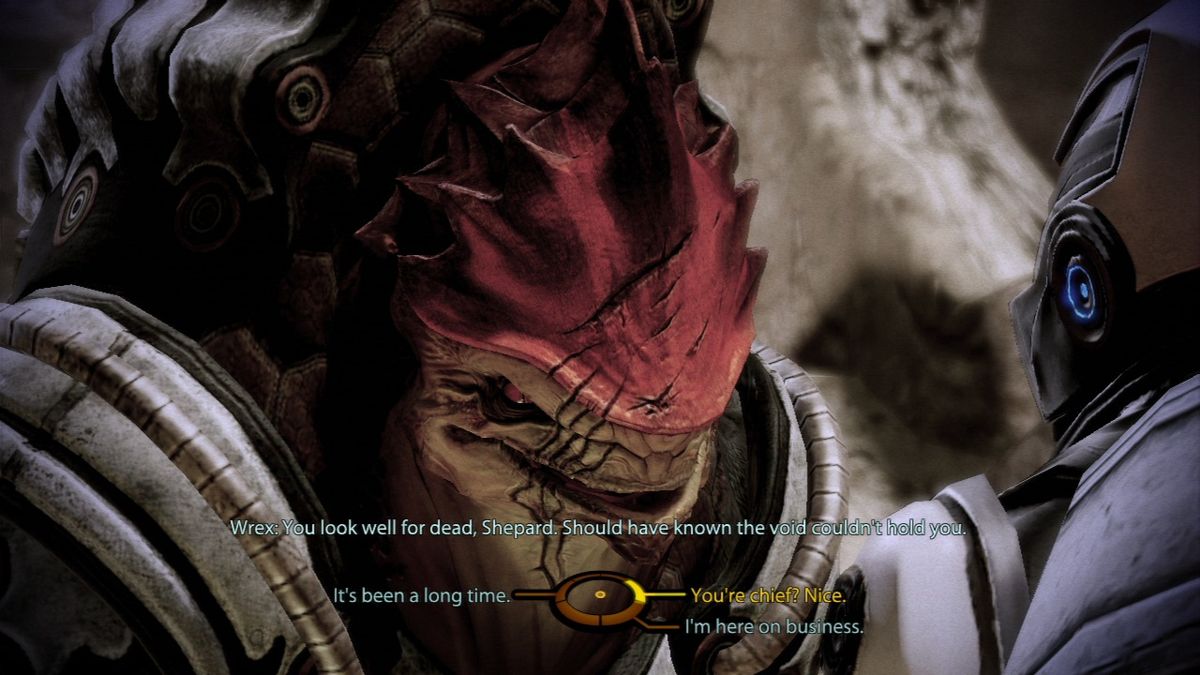Mass Effect 2 (PlayStation 3) screenshot: Mass Effect 2 - Meeting Wrex, an old party member from the original... that is, if you didn't kill him then