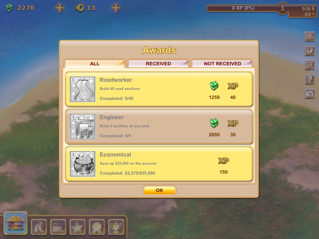 Paradise Island (iPad) screenshot: Achievements