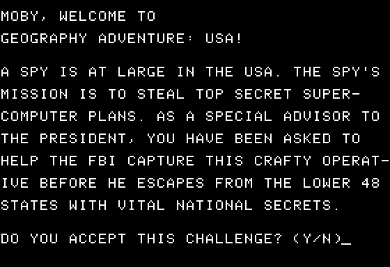 Geography Adventure: USA (Apple II) screenshot: Do You Accept the Challenge