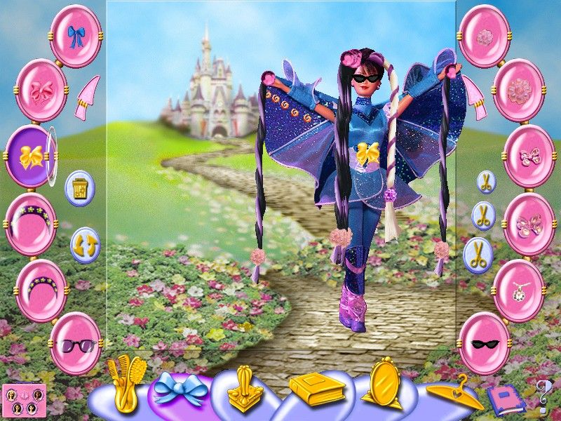 Barbie Beauty Styler (Windows) screenshot: The accessories icon makes hair extensions, tiaras, sunglasses and ribbons available. Note the hair extensions are not shown in the accessory arcs which have been moved round to show other things