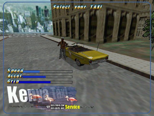Super Taxi Driver (Windows) screenshot: Choosing one of the three available taxi cabs and drivers.