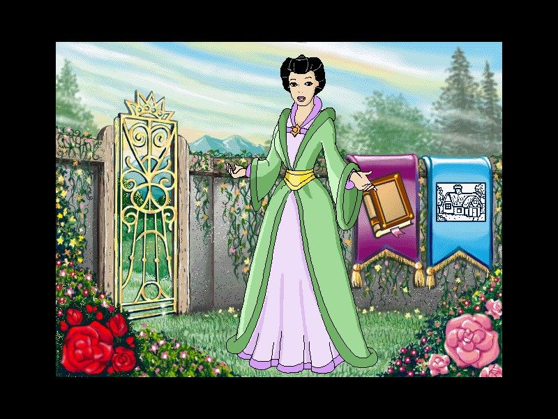 Magic Fairy Tales: Barbie as Rapunzel (Windows) screenshot: Celinda's garden is the game's menu. The gate exits the game, the red rose starts the story and the pink rose starts the game. The blue banner starts the picture section