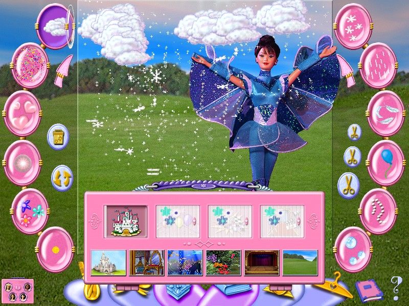 Barbie Beauty Styler (Windows) screenshot: The book icon in the bottom / centre of the screen allows the player to change the picture's background while retaining the foreground artistry