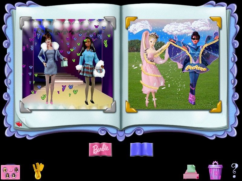 Barbie Beauty Styler (Windows) screenshot: Selecting the book icon in the lower right of the designer screen opens Barbies's Beauty Book and saves the players creation into it