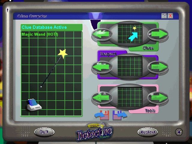 Detective Barbie in the Mystery Of The Carnival Caper! (Windows) screenshot: The crime computer. Here's where clues are stored. It's also where game saves, loads are done