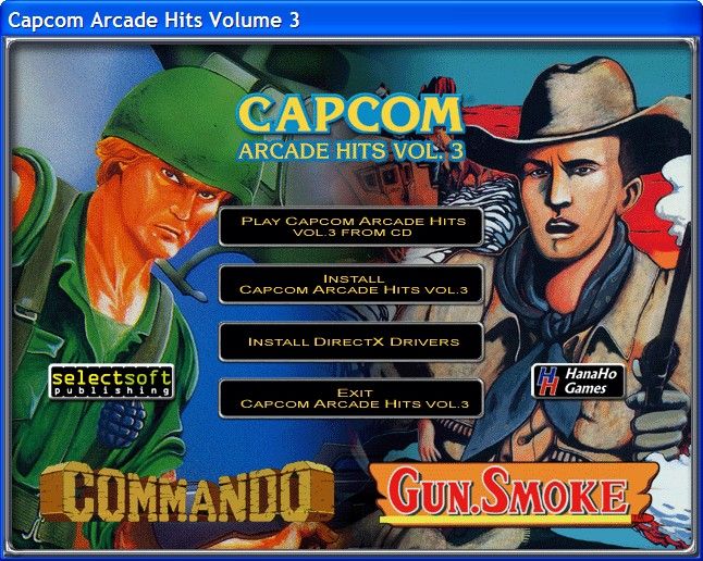 Capcom Arcade Hits Volume 3 (Windows) screenshot: When the CD is loaded it auto-runs and displays this screen. The games can be run directly from the CD or they can be installed to the hard drive.