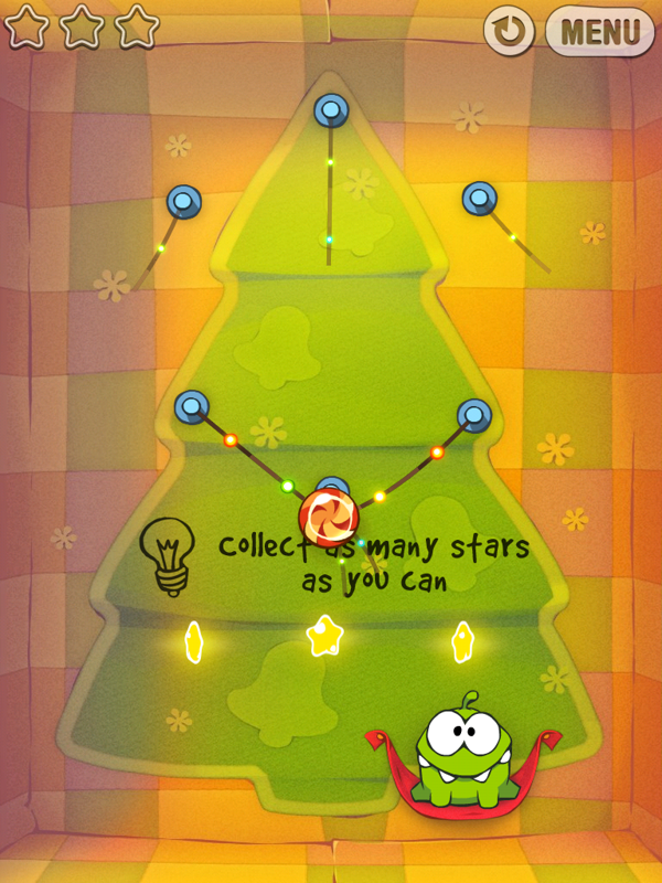 Cut the Rope (iPad) screenshot: Sure, dropping the candy is easy, but can you get all those stars?..