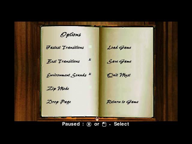 Myst (PlayStation) screenshot: In game menu