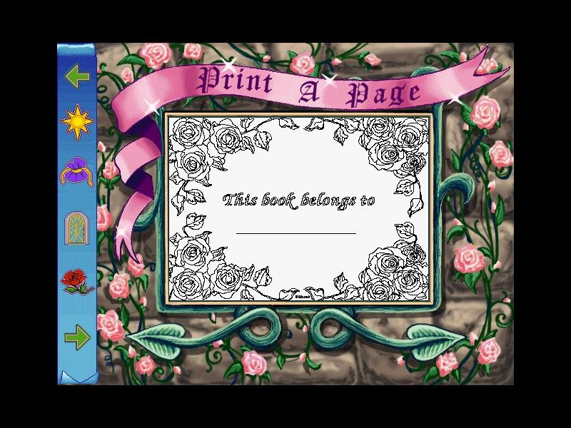 Magic Fairy Tales: Barbie as Rapunzel (Windows) screenshot: The first screen of the picture section. The icons on the left are standard throughout the story.