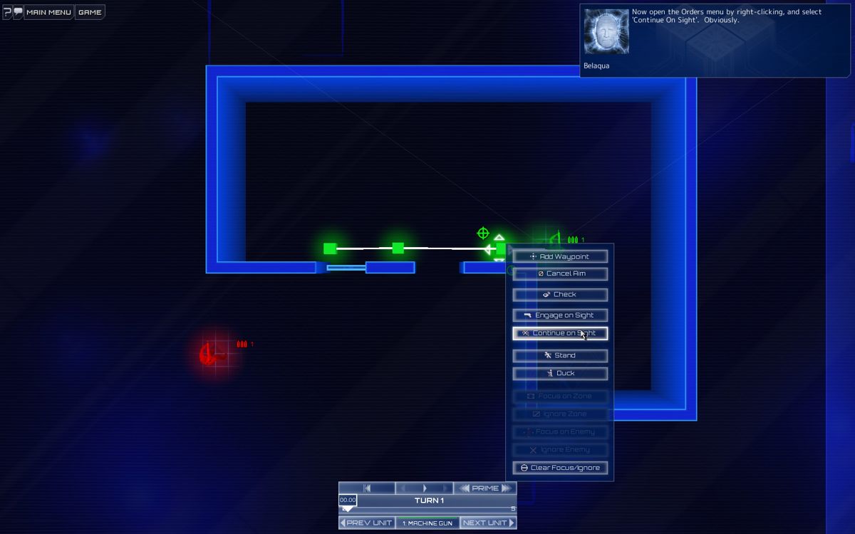 Frozen Synapse (Windows) screenshot: Toying with the different action options in the tutorial